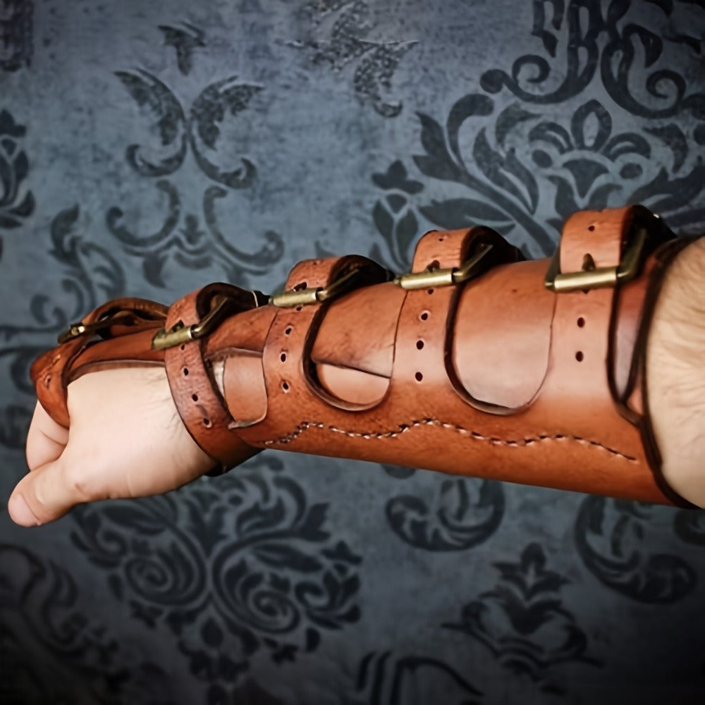 Embossed Fantasy Arm Bracer Pair in Brown with Buckle Straps for Medieval and Archer Costumes
