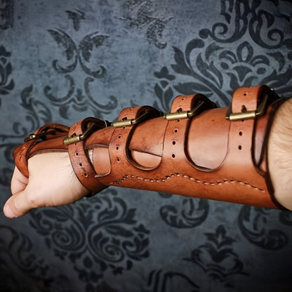 Embossed Fantasy Arm Bracer Pair in Brown with Buckle Straps for Medieval and Archer Costumes