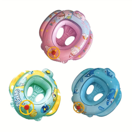 Pool Float Animal-Themed Seat Ring with Steering-Wheel Detail, Inflatable Backrest and Three Colors