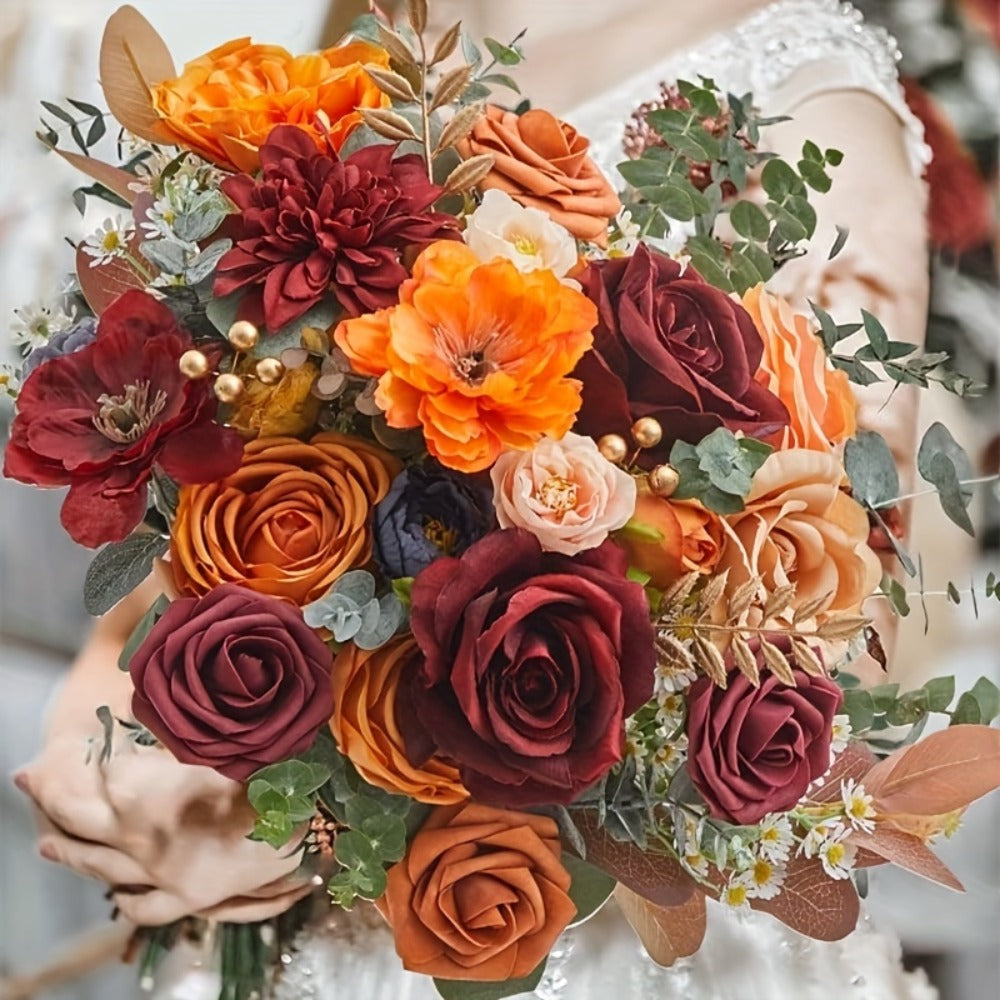 Artificial Flowers Bouquet Set – Foam Roses for Wedding, Fall Halloween Valentine's Day Table Decor, Orange Wine Red Blue