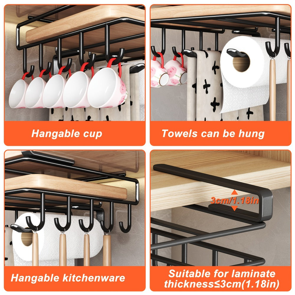 Under Cabinet Organizer Rack with Hooks – Heavy Duty Carbon Steel Kitchen Shelf for Utensils, Towels, Cups & Cutting Boards – No-Drill Door-Mount Space-Saving Kitchen Storage