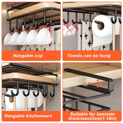 Under Cabinet Organizer Rack with Hooks – Heavy Duty Carbon Steel Kitchen Shelf for Utensils, Towels, Cups & Cutting Boards – No-Drill Door-Mount Space-Saving Kitchen Storage