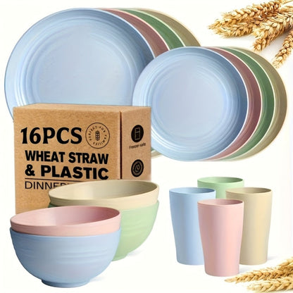 Wheat Straw Dinnerware Set 16 or 32 Piece – Plates & Bowls for 4 or 8 People, Microwave & Dishwasher Safe Plastic Dish Set, Lightweight Colorful Tableware for Home, Party & Holiday