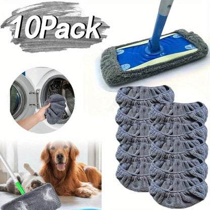 Ten-Piece Reusable Gray Microfiber Mop Pad Set with Elastic Openings for Flat-Head Floor Mops