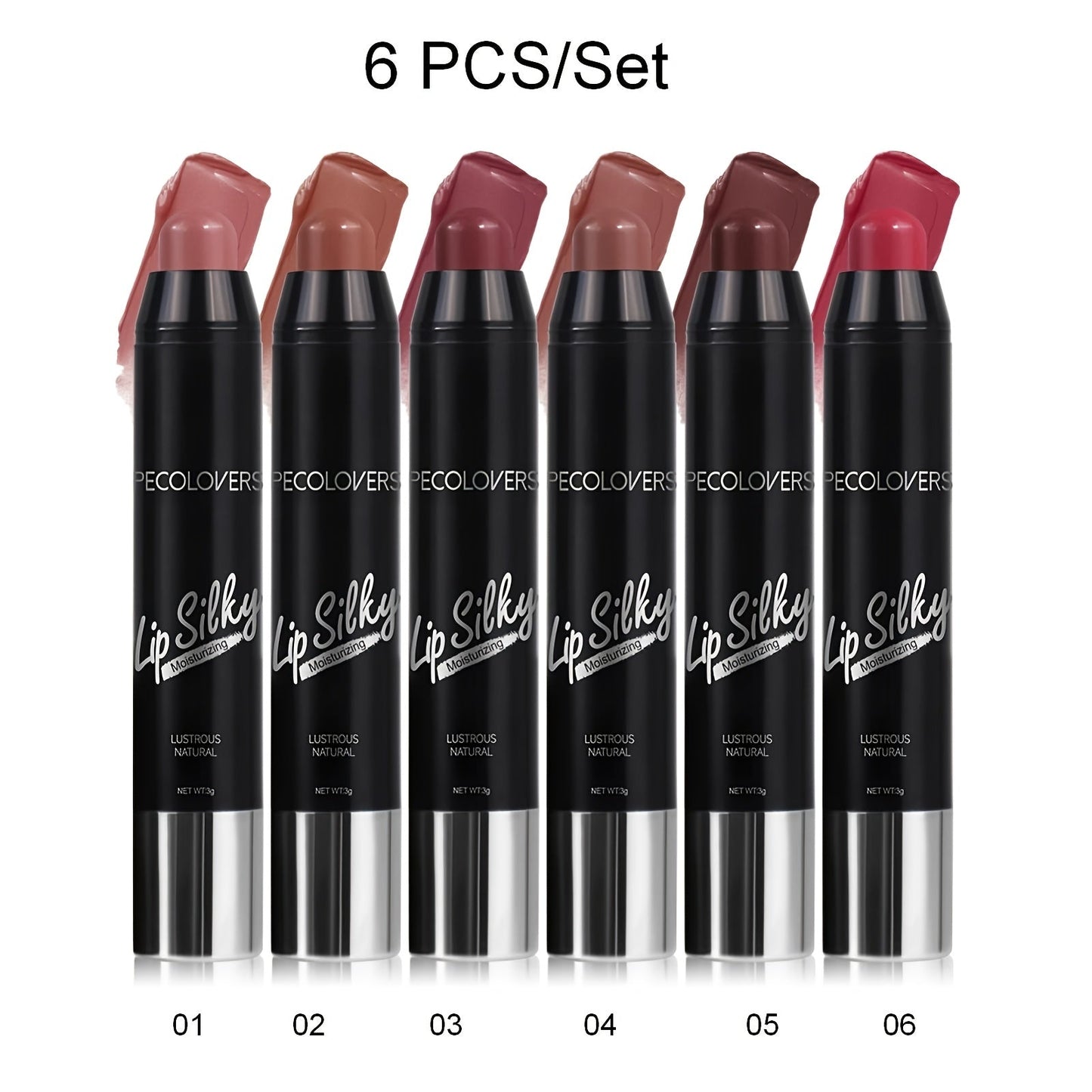 Lipstick Set, PECOLOVERS 6-Piece Cream Crayon Collection with Nude, Rose, Berry and Red Colors