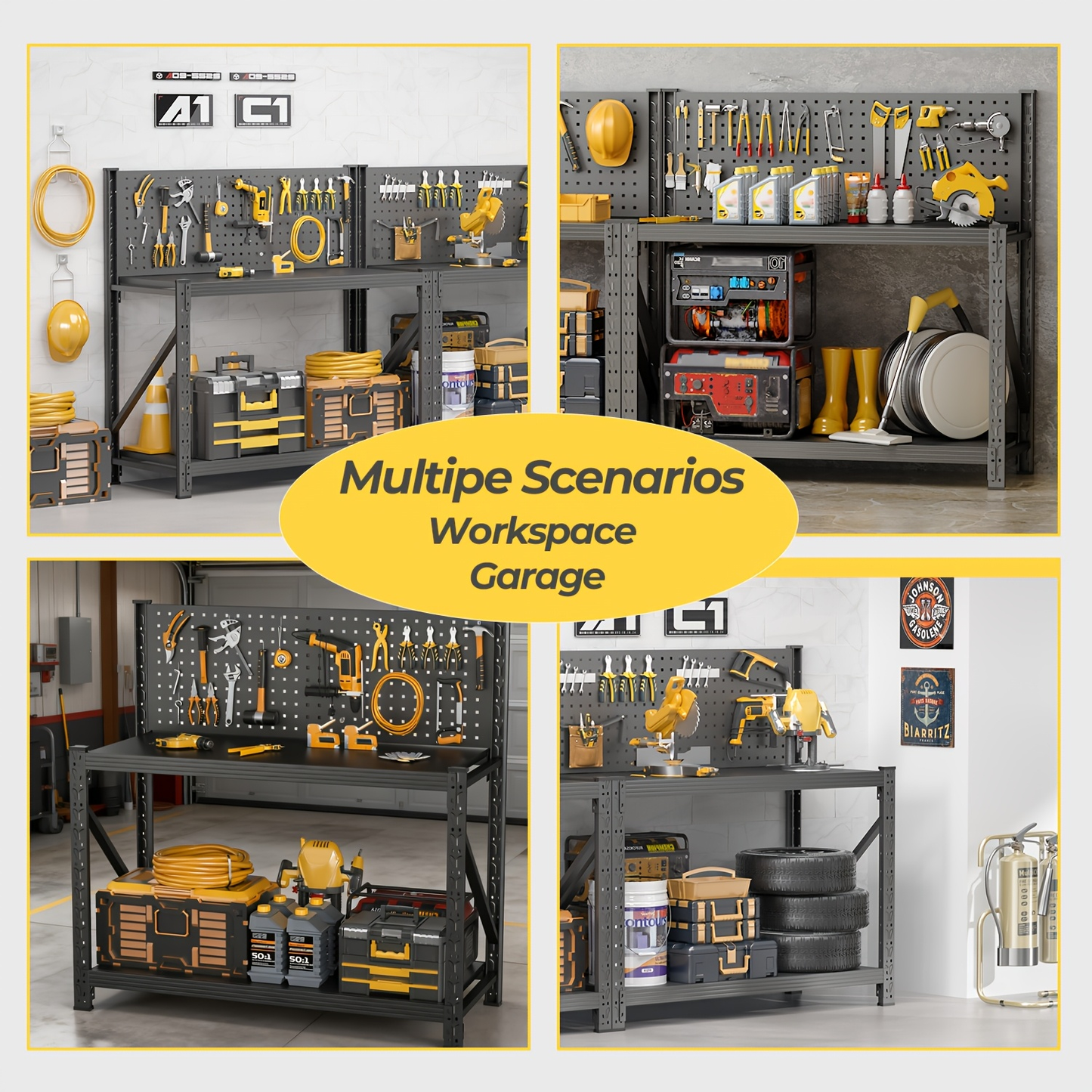 47-Inch Black Metal Workbench with Pegboard, Two Adjustable Shelves and 47.2 x 47.09 x 19-Inch Frame