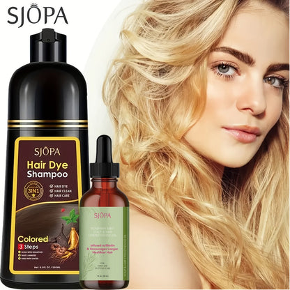 Hair Dye Shampoo, SJOPA 500ml Bottle and Rosemary Hair Oil Set with Seven Color Options for At-Home Color Selection