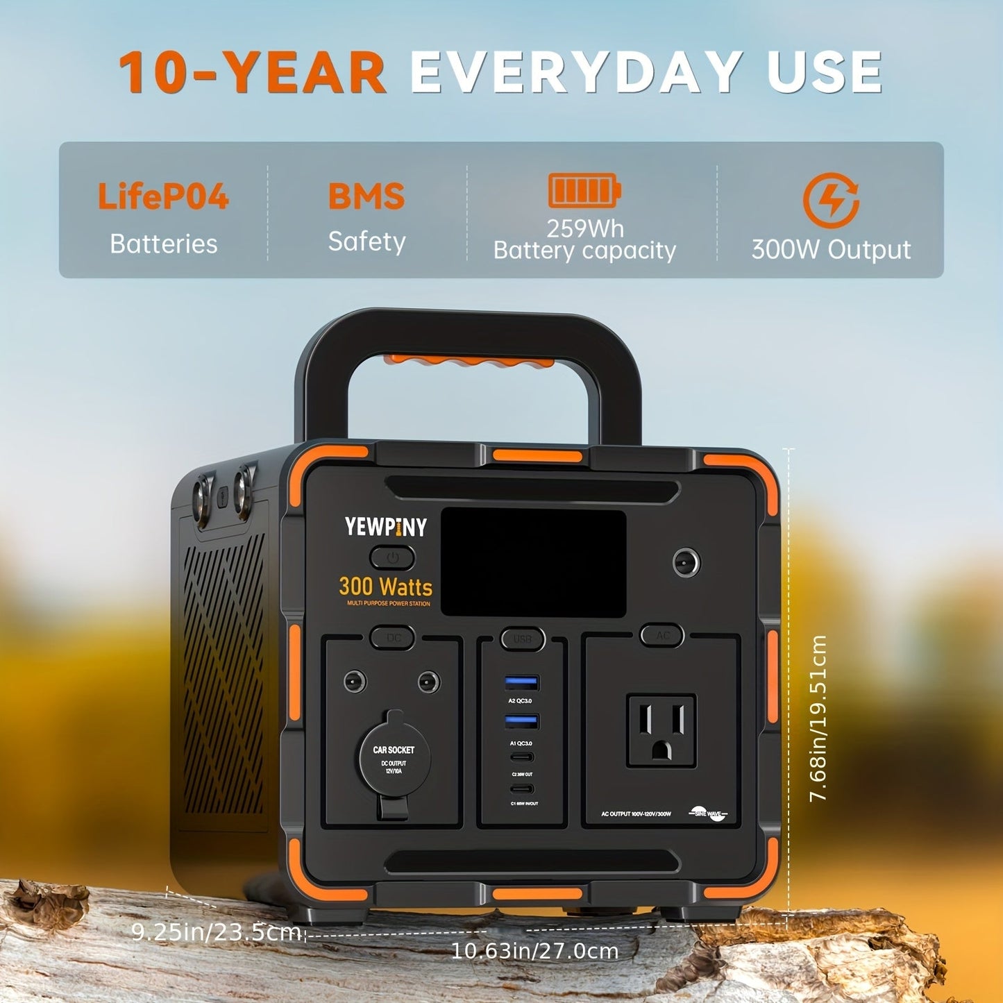 Portable Power Station 259Wh 300W or 599Wh 600W with AC, DC, USB, LiFePO4 Cell Pack and LED Light
