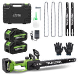 Green Chainsaw With Two Batteries And Three Links