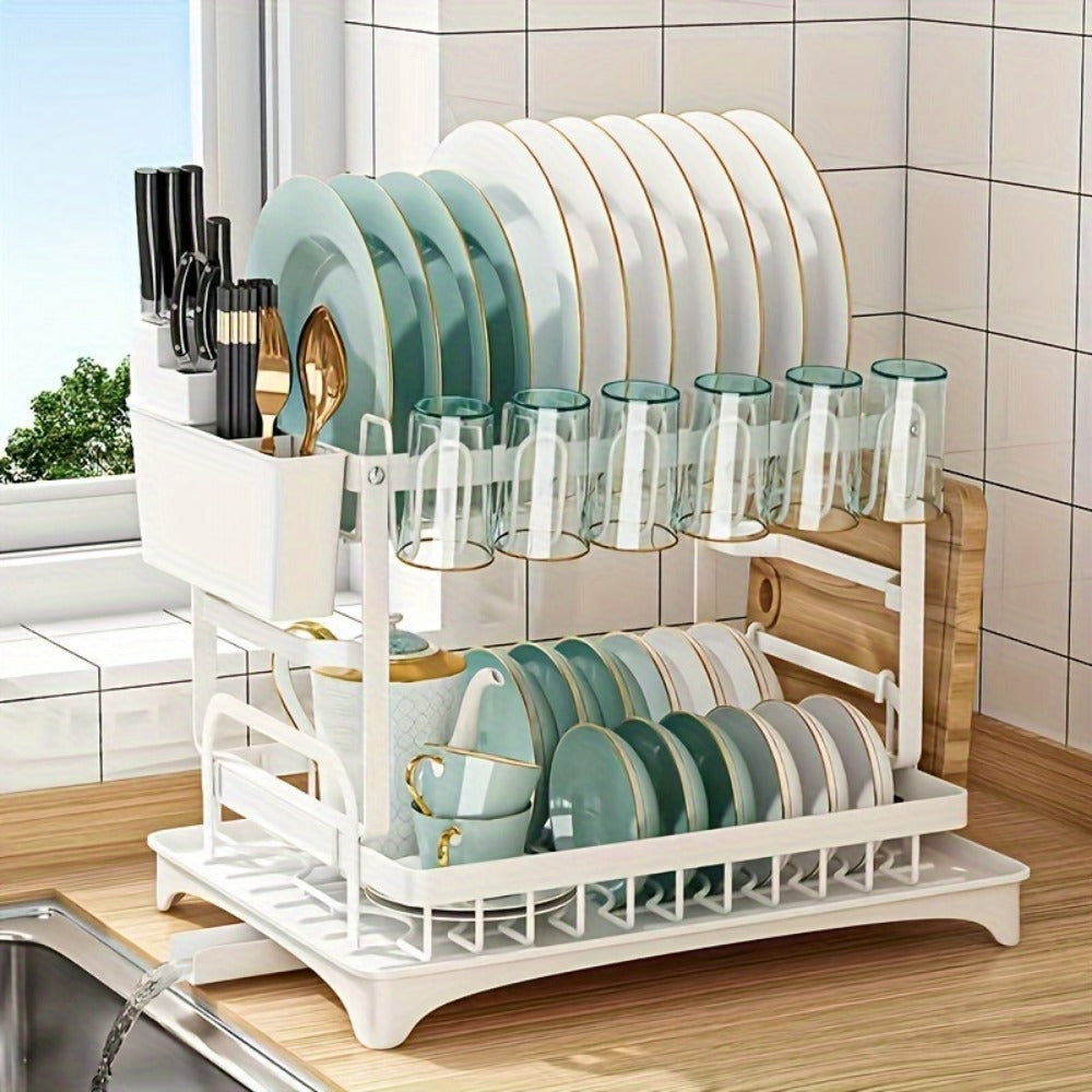 Two-Tier Dish Drying Rack with Rotating Drain Tray, Cup Holders and Black or White Frame Options