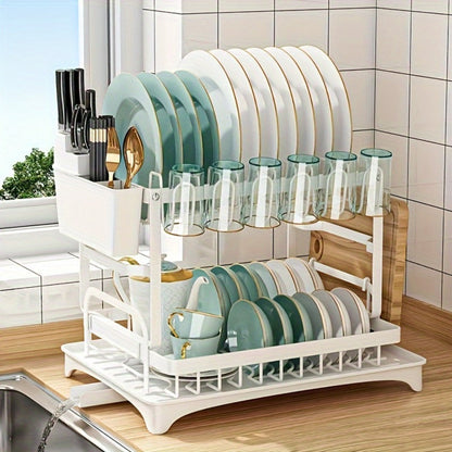 Two-Tier Dish Drying Rack with Rotating Drain Tray, Cup Holders and Black or White Frame Options