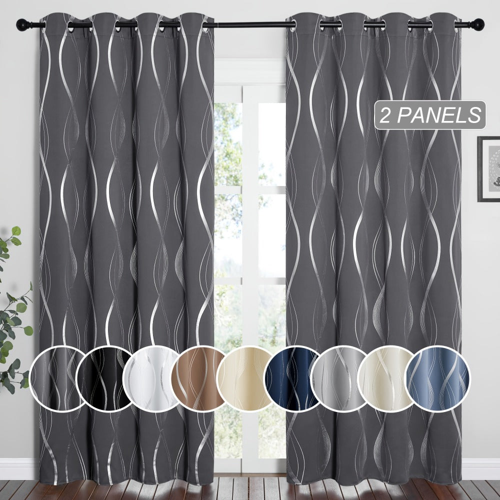 Two-Panel Wave-Line Foil Print Blackout Curtains in 10 Colors with 42- or 52-Inch Width Options