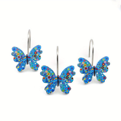 12-Piece Butterfly Shower Curtain Hook Set in Green, Blue or Multicolor Decorative Designs