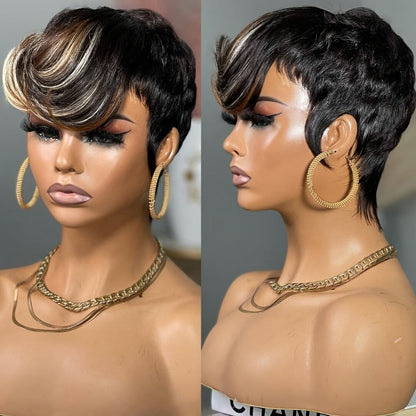Short Pixie Cut Wig with Bangs Black Blonde Layered 4 Inch Rose Net Cap | Brown Blonde Mix Synthetic Wig for Black Women Daily Wear Office Party