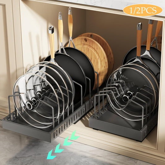 Pull-Out Pot and Pan Lid Rack Cabinet Sliding Storage Organizer - Kitchen Cabinet Slide-Out Box with 8/16 Adjustable Dividers for Lids, Baking Tools & Plates, Black or White, 1 or 2 Pack
