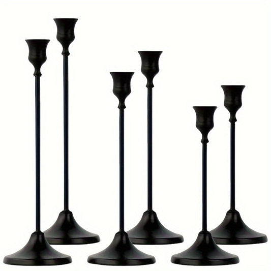 Candle Holder Set 6-Piece Bell-Shaped Metal Taper Stands in Brass or Matte Black with Three Graduated Heights