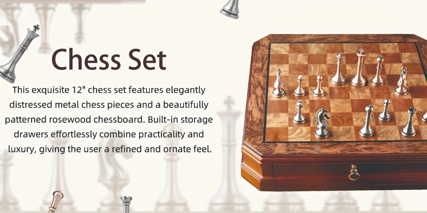 12-Inch Wooden-Style Chess Set with Metal-Finish Pieces, Two Storage Drawers and Two Extra Queens for Adults