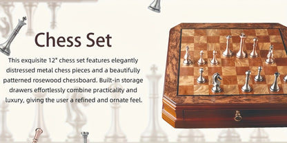 12-Inch Wooden-Style Chess Set with Metal-Finish Pieces, Two Storage Drawers and Two Extra Queens for Adults