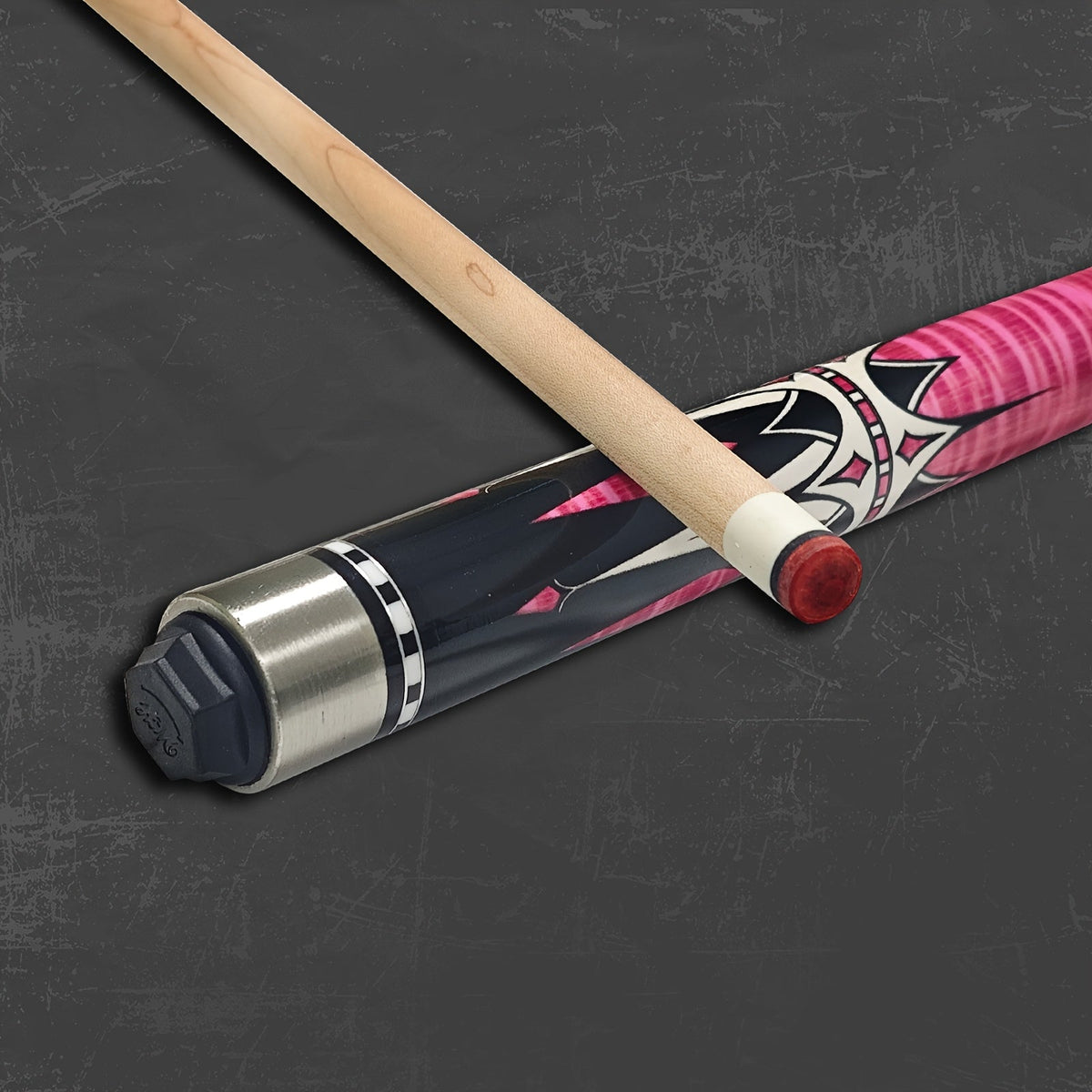 Two-Piece Carbon Fiber Pool Cue with Metal Joint, Wrap Section and Pink or Blue Graphic Designs