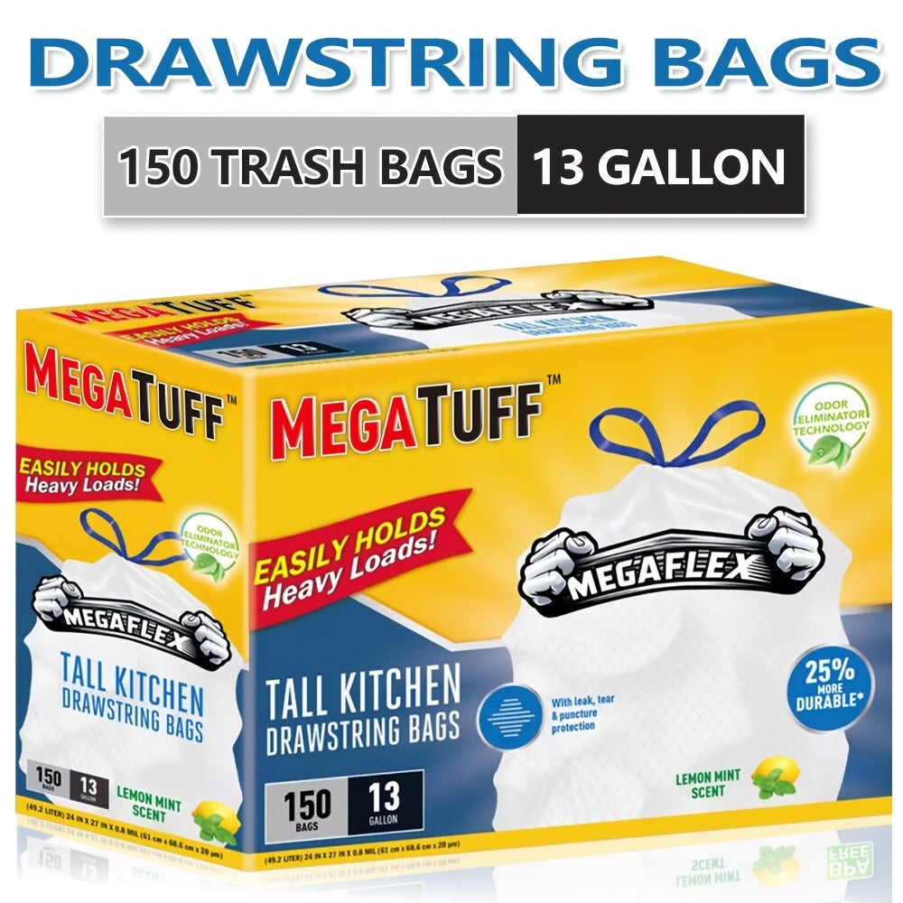 Drawstring Trash Bags with Odor Eliminator Technology – Lemon Mint Scent, Puncture & Tear Resistant, 30 Gal (90 Bags) or 13 Gal (154 Bags) Kitchen Garbage Bags