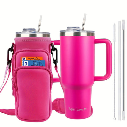 Handled 40oz Stainless Steel Tumbler with Straw Lid, Tapered Base and Five Color Options for Daily Use