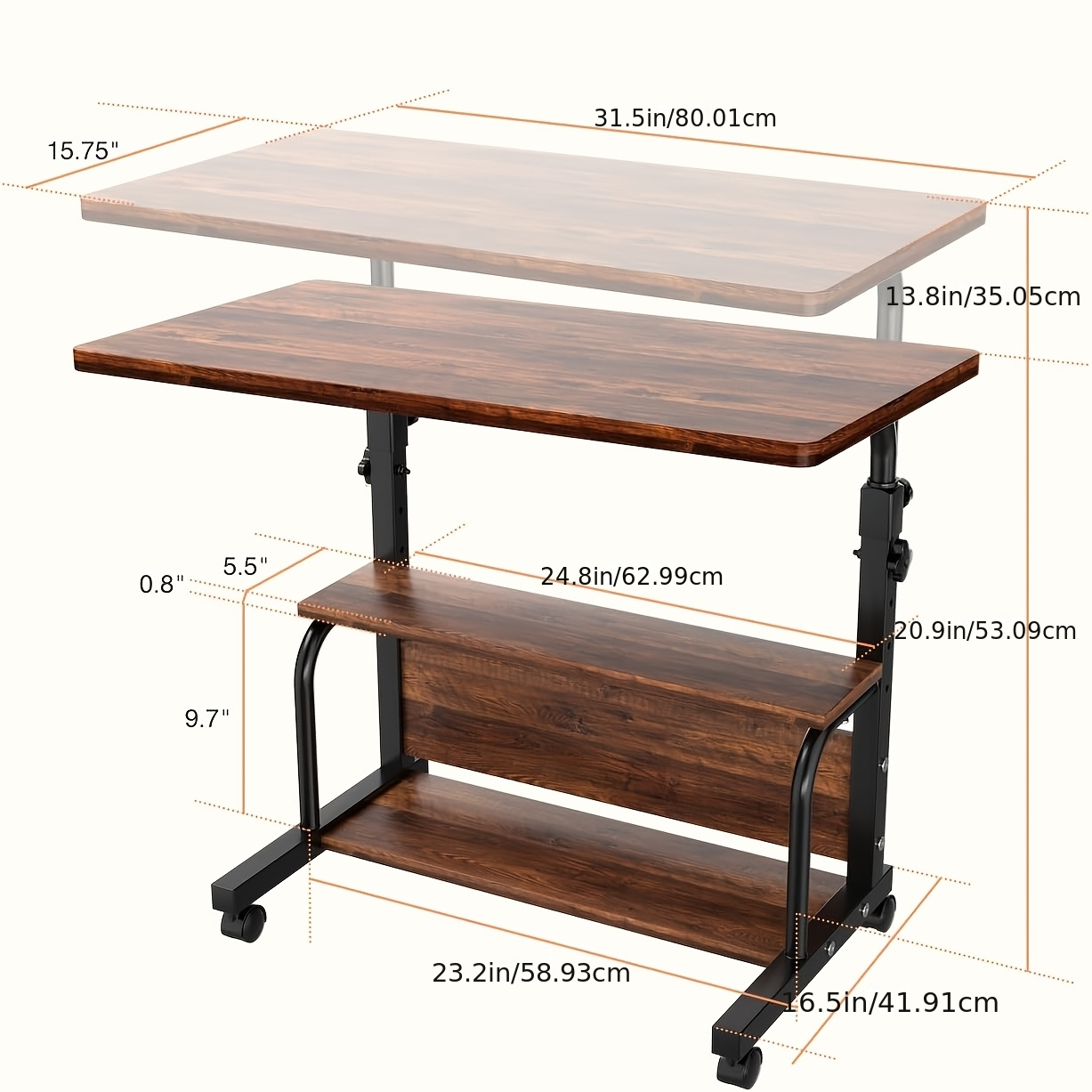 Two-Tier Mobile Garden Work Table with Wood-Look Top, Metal Frame, Storage Shelf and Locking Casters