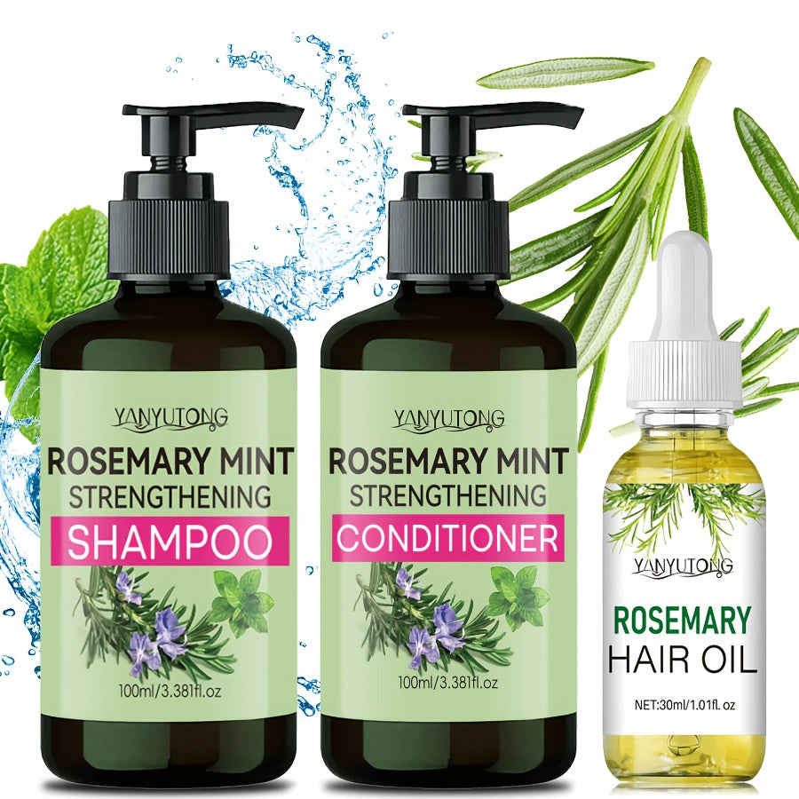 Three-Piece Rosemary Mint Hair Care Set with 3.38 oz Pump Shampoo, Conditioner and Oil Formats