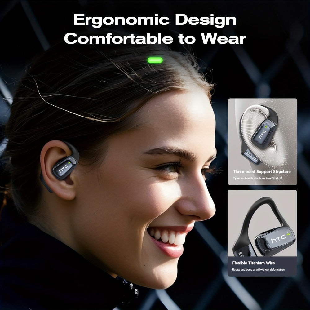 Open-Back Hi-Fi Gaming Earphones HTC NE25 AI Real-Time Translation 135 Languages LED Smart Screen Low Latency Long Battery Lightweight Wireless Headphones Black