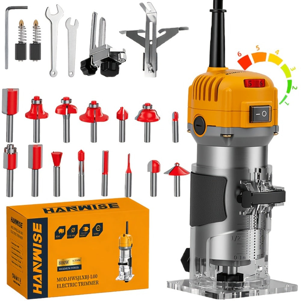 Wood Router Edge Trimmer 800W 6.1Amp Compact Hand Router Tool 35000RPM with Variable Speed, 1/4" Collet, Router Bit Set for Woodworking Slotting Carving Edge Treatment DIY Projects