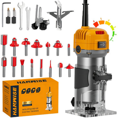 Wood Router Edge Trimmer 800W 6.1Amp Compact Hand Router Tool 35000RPM with Variable Speed, 1/4" Collet, Router Bit Set for Woodworking Slotting Carving Edge Treatment DIY Projects