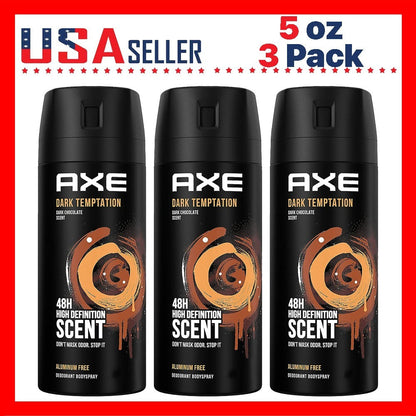 Men's Body Spray Deodorant Axe Dark Temptation, Dark Chocolate Fragrance Long-Lasting Odor Protection Aluminum-Free Body Spray for Men, 5.1oz 150ml per Bottle – Available in 3 Pack & 6 Pack