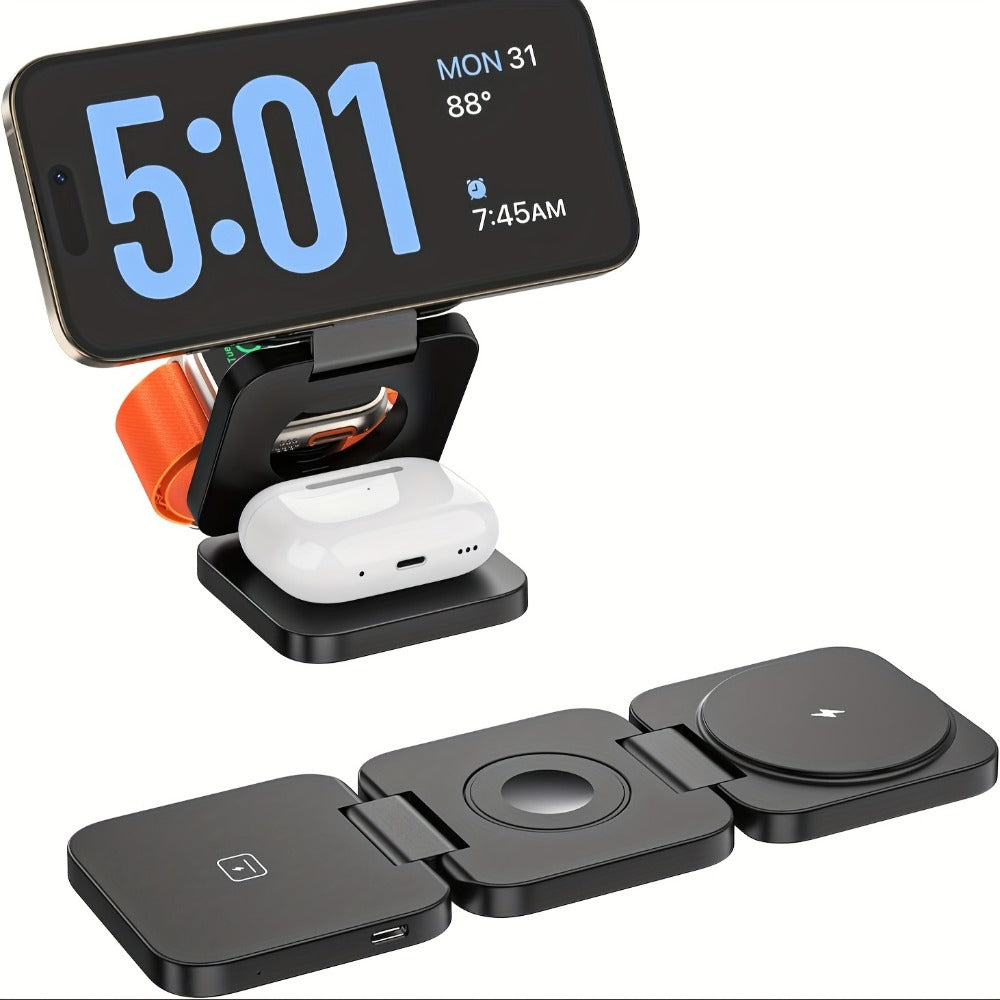 Wireless Charging Station, Alilong Foldable 3-in-1 Magnetic Travel Dock in Black for Apple Devices