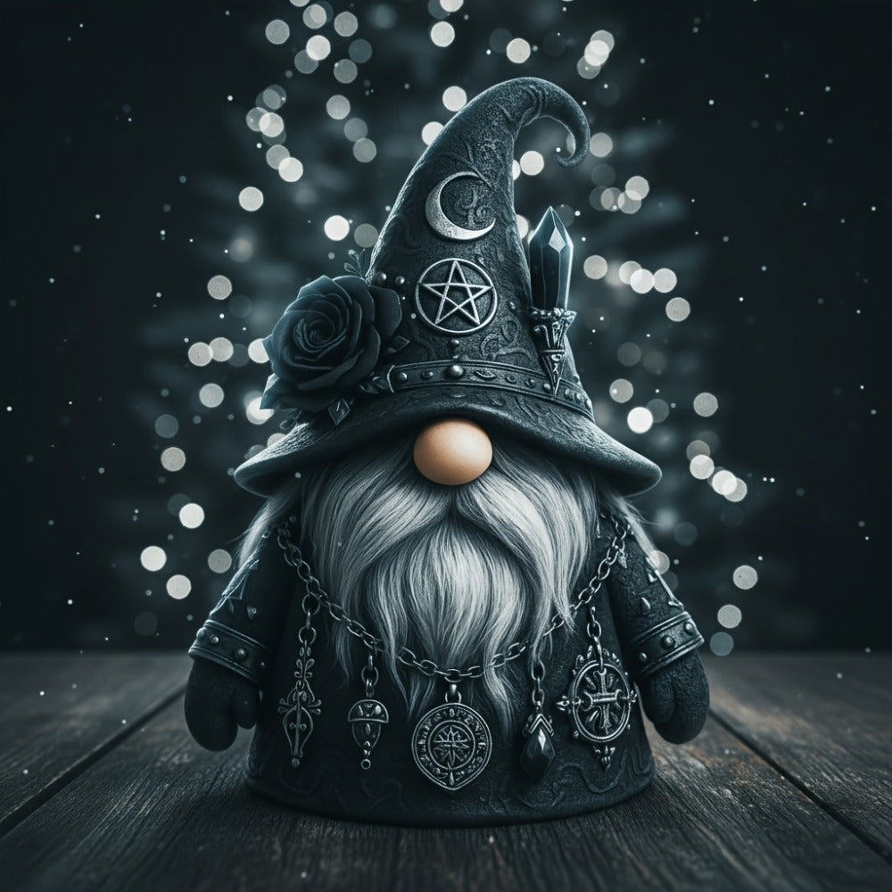 Gothic Gnome Figurine in Resin with Crescent-Marked Hat, Rose and Pentagram Details and 15 x 10cm Size