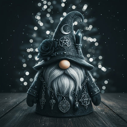 Gothic Gnome Figurine in Resin with Crescent-Marked Hat, Rose and Pentagram Details and 15 x 10cm Size