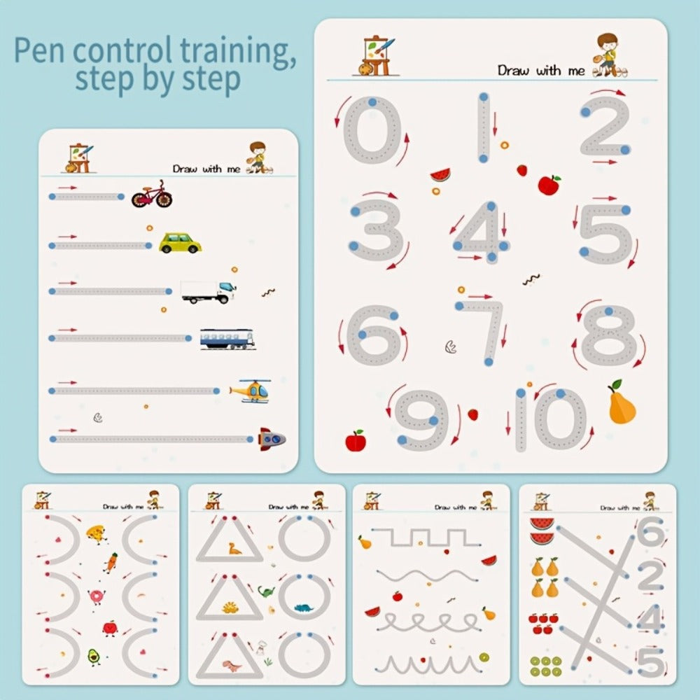 128-Page Reusable Handwriting Practice Set with Four Tracing Books, Four Pens, Eraser and Ring Buckles