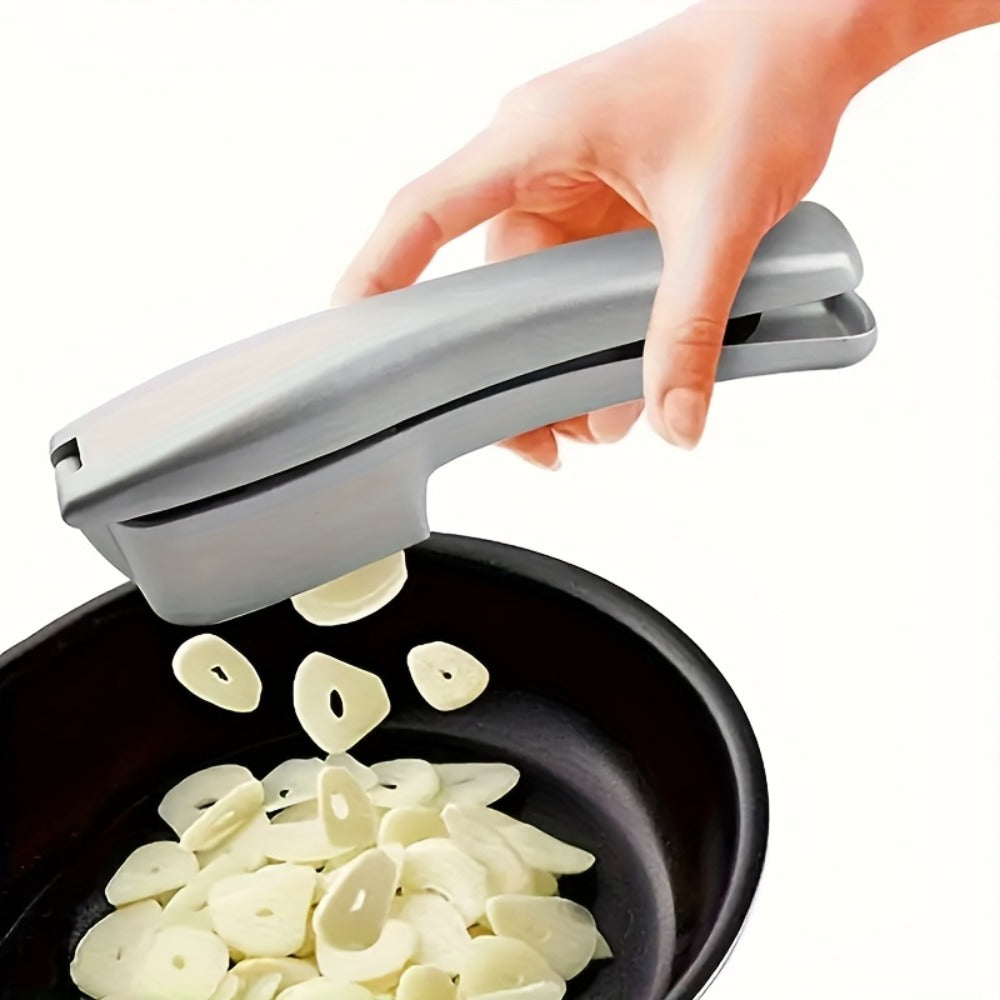 Manual Stainless Steel Two-in-One Garlic Press and Slicer for Mincing, Pureeing and Kitchen Preparation