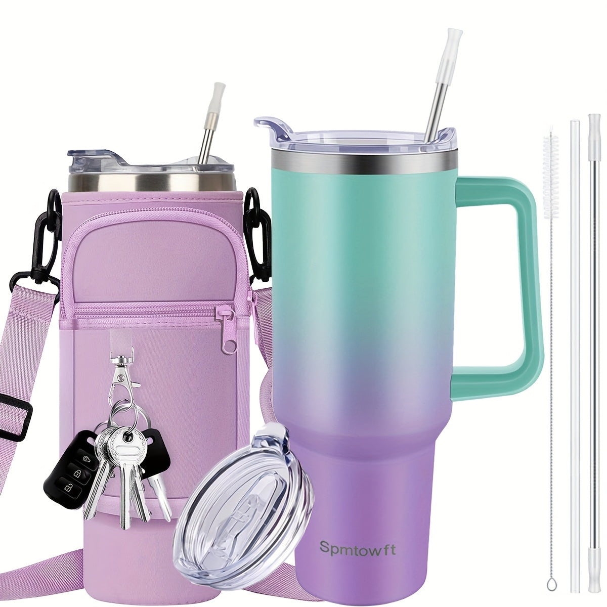 Handled 40oz Stainless Steel Tumbler with Straw Lid, Tapered Base and Five Color Options for Daily Use