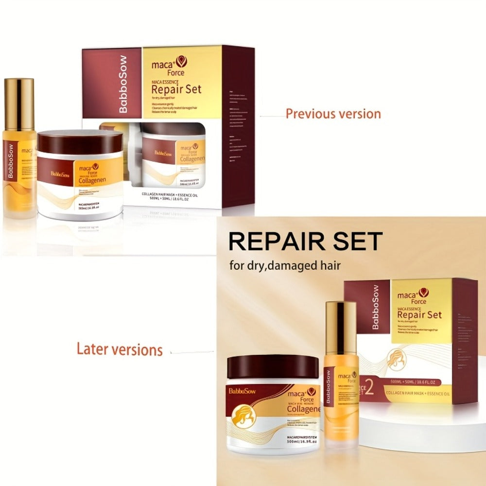 Argan Oil Collagen Hair Mask Set 500ml — Keratin Deep Conditioning Treatment, Repairs Damaged Dry Hair, Restores Shine & Strength, Maca Essence + Essential Oil, Gift for Women