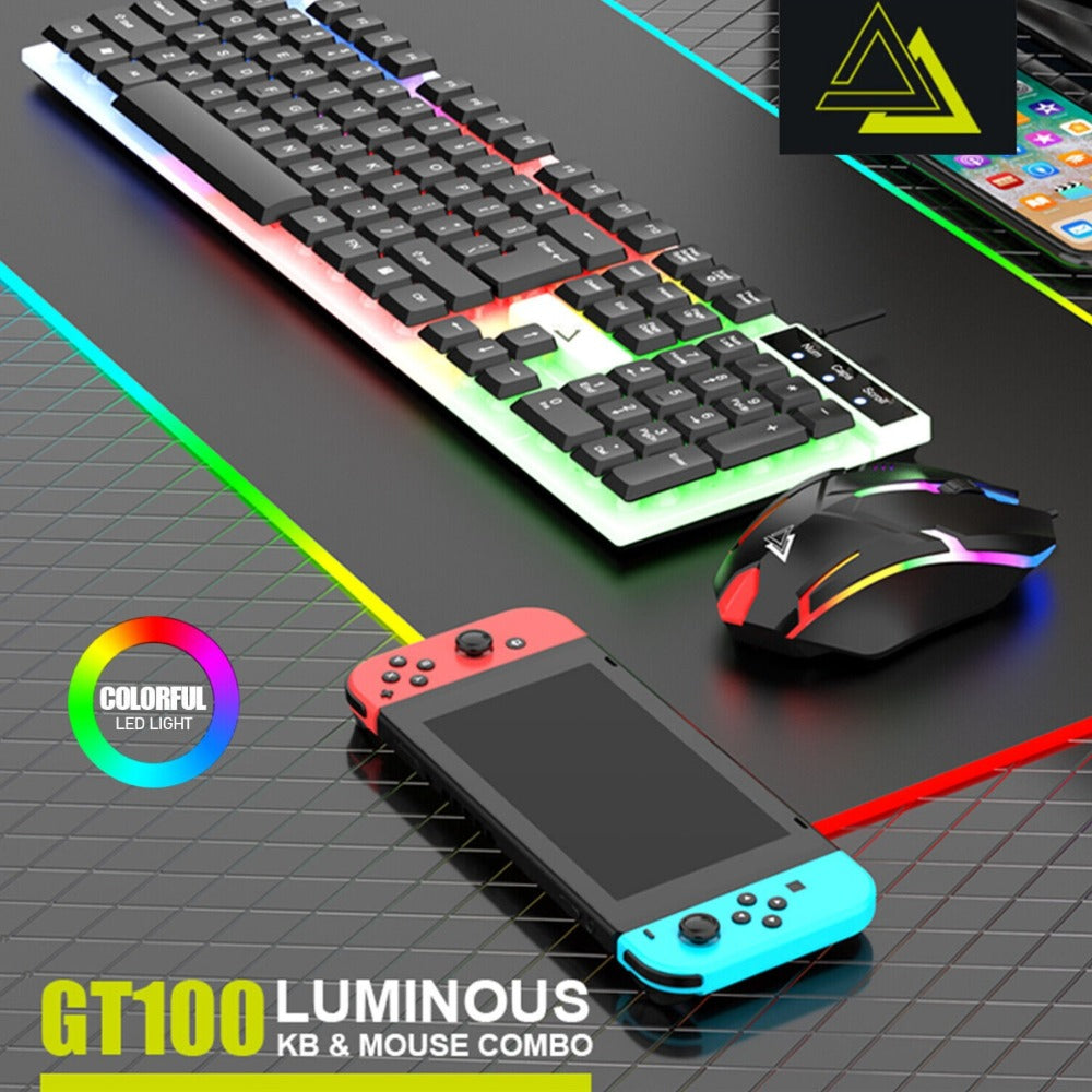 GT100 Full-Size Wired Keyboard and Mouse Set with 104-Key Layout and Black or White Color Options