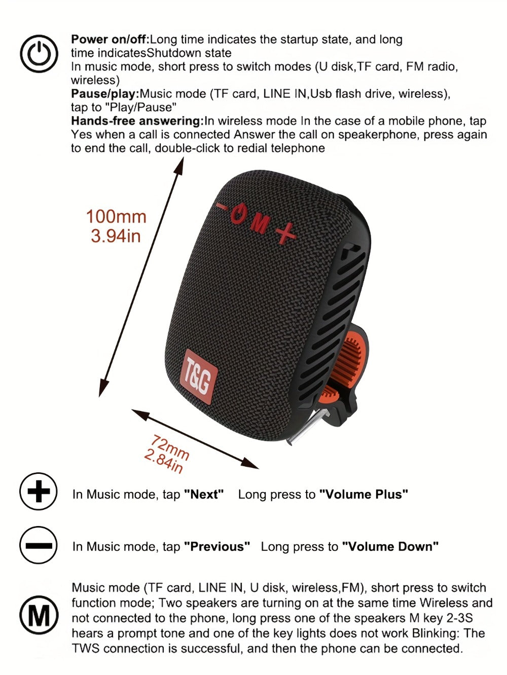 T&G 392 IPX5 Cycling Bluetooth Speaker, Compact Outdoor Wireless Speaker with TWS Stereo, FM Radio