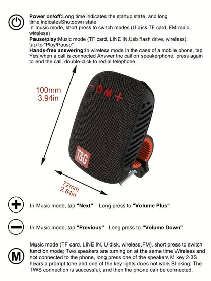 T&G 392 IPX5 Cycling Bluetooth Speaker, Compact Outdoor Wireless Speaker with TWS Stereo, FM Radio
