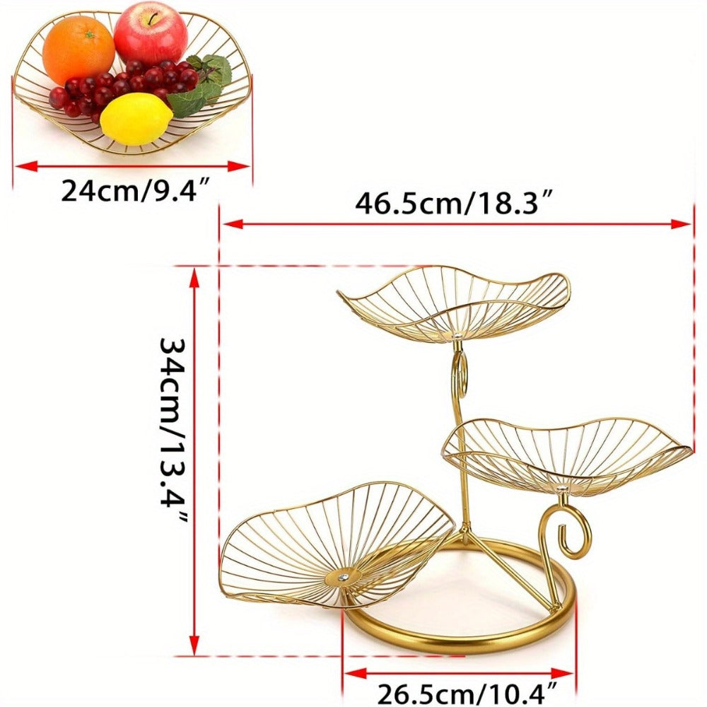 Three-Tier Golden Metal Wire Fruit Basket Stand with Lotus-Leaf Bowls, 46.5 cm Wide Countertop Design