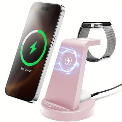 3-in-1 Wireless Charging Dock Multi-Color Fast Charge for iPhone 17 16 15 14 13 12 11 Pro Max, Apple Watch Ultra 2 Series 10 9 8 7 6 SE, AirPods 4 3 2 Pro & Samsung Galaxy – Black Blue Pink U1 U2