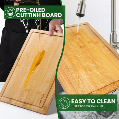 Four-Piece Bamboo Cutting Board Set with Graduated Sizes, Juice Grooves and Storage Rack Included