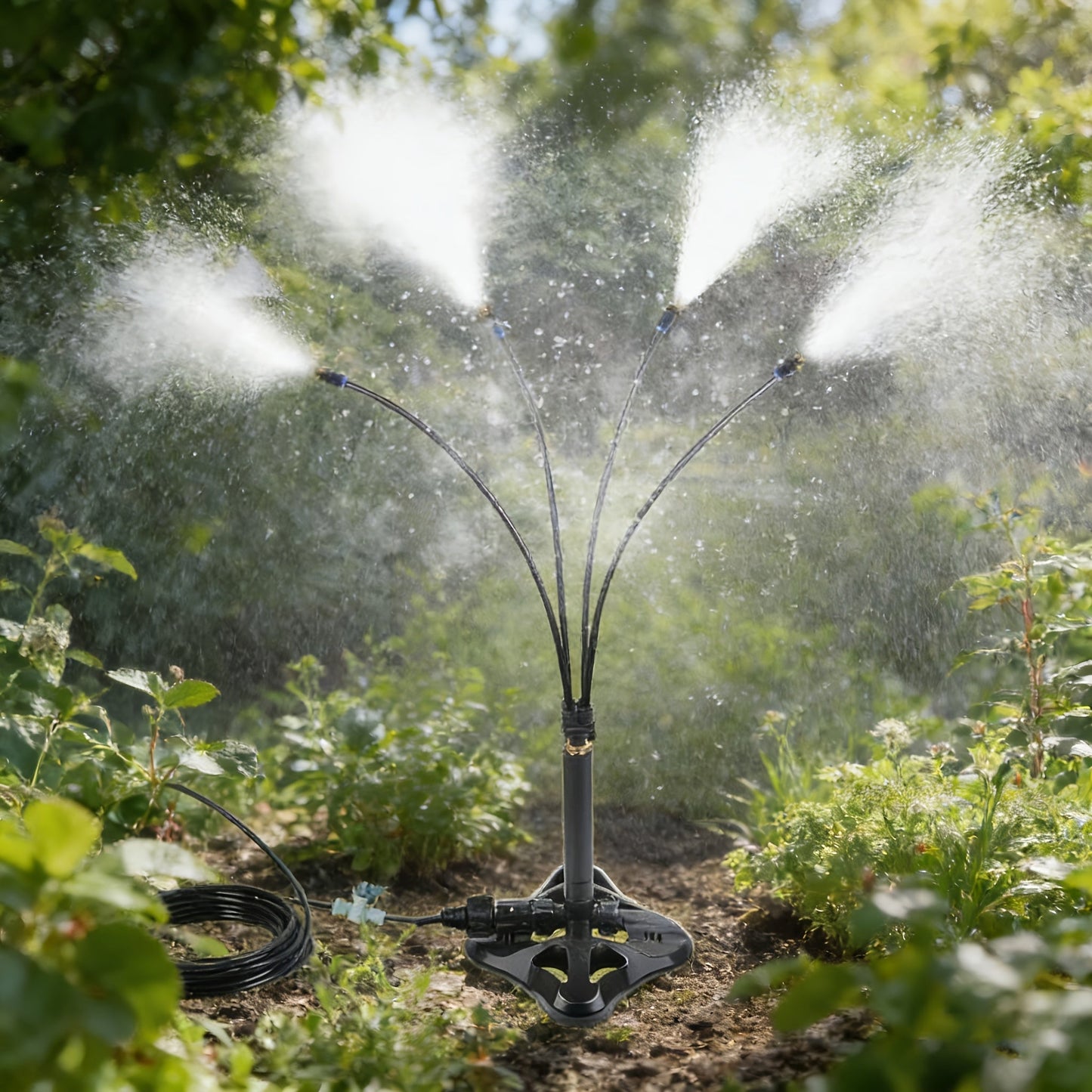 Standing Outdoor Misting Sprinkler with Multiple Flexible Spray Arms and Pictured Patio Base for Garden Cooling