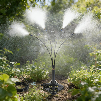 Standing Outdoor Misting Sprinkler with Multiple Flexible Spray Arms and Pictured Patio Base for Garden Cooling