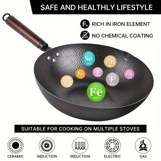 Carbon Steel Wok Pan 12.6 Inch with Lid & 10 Accessories – Uncoated Chinese Stir Fry Wok, Flat Bottom for Electric Induction Gas Stoves, 11-Piece Cookware Set
