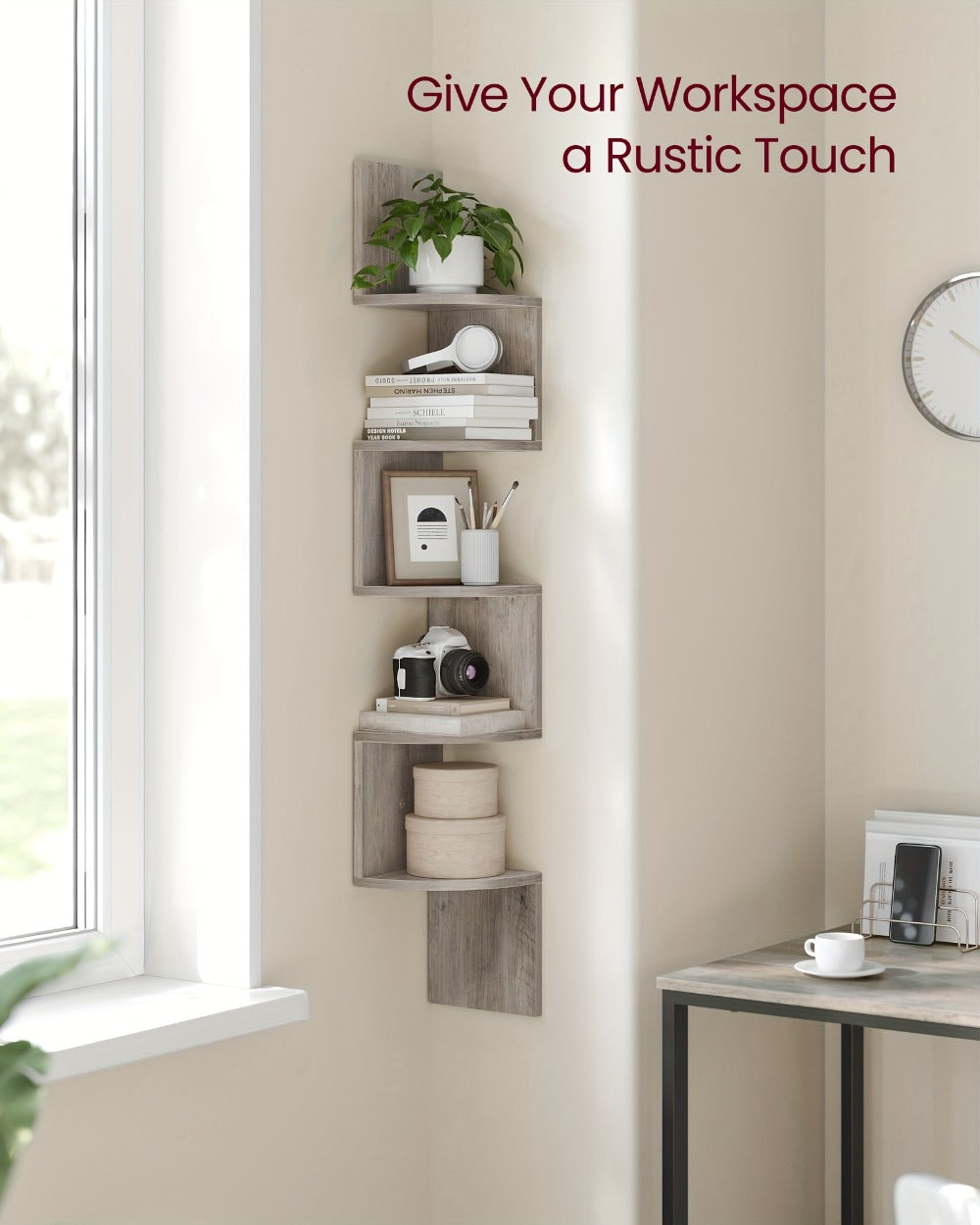 Corner Floating Shelf 5-Tier Wall Mount, Space Saving Storage Rack for Bedroom Living Room, Radial Display Organizer, Easy Install, 7.9"×7.9"×49.6", Black White Brown Greige Beige