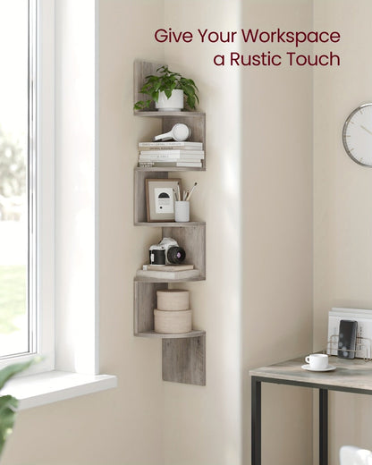 Corner Floating Shelf 5-Tier Wall Mount, Space Saving Storage Rack for Bedroom Living Room, Radial Display Organizer, Easy Install, 7.9"×7.9"×49.6", Black White Brown Greige Beige