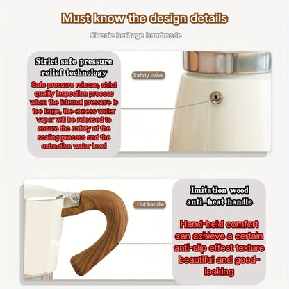 Classic 150ml Stovetop Moka Pot with Faceted Body, Wood-Look Handle and Seven Color Options